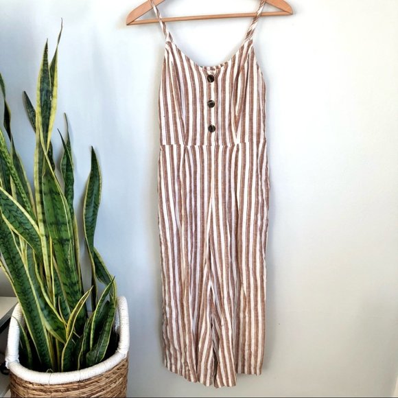 Striped Tan Jumpsuit - Picture 1 of 6